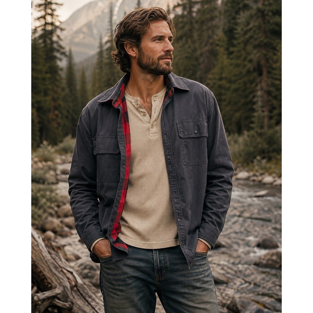 LL Bean Mens Gray Lined Canvas Jacket L Lightweight Buffalo Plaid Lining Cotton